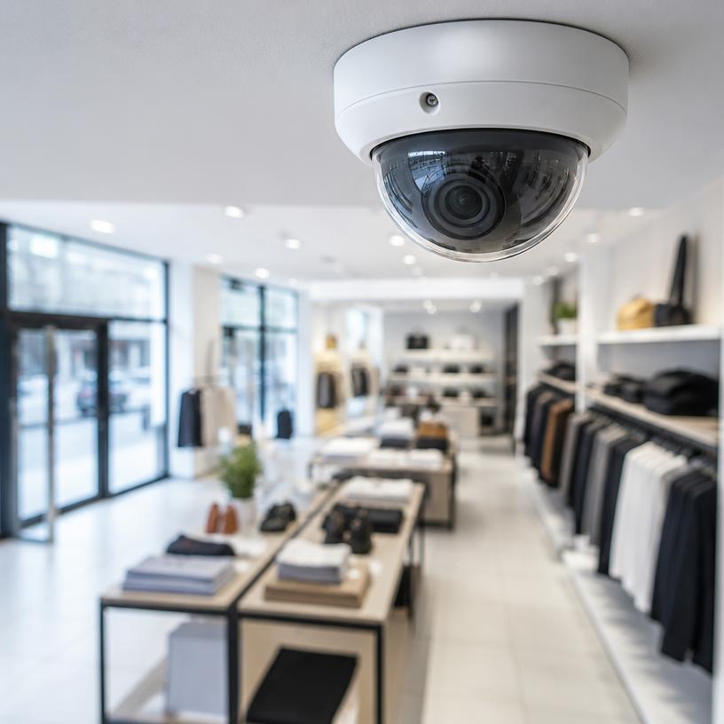 Ceiling-mounted dome CCTV camera in a retail shop